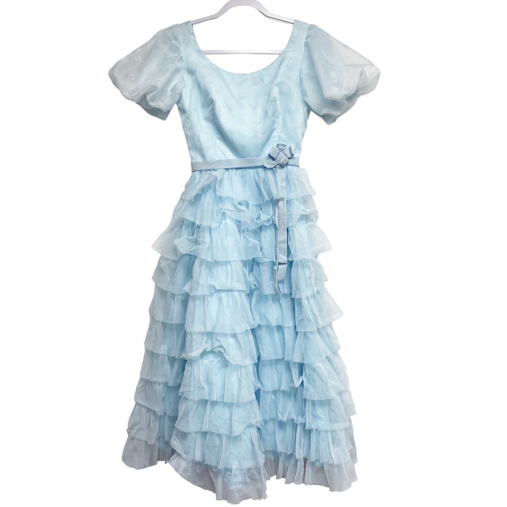 Vintage Nadine Blue Ruffle Tiered Short Puff Sleeve Party Dress